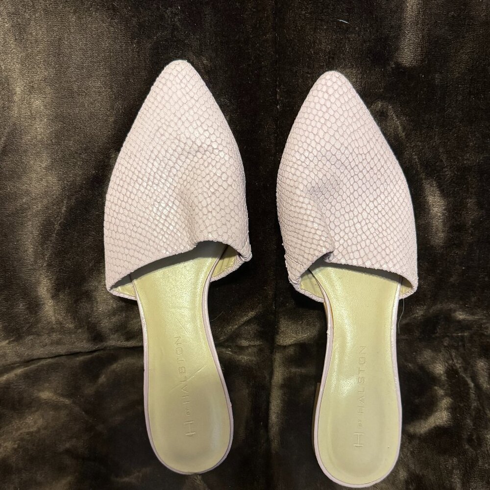 H by Halston Alina Orchid Purple Snake Embossed Leather Slip on Mule Flats